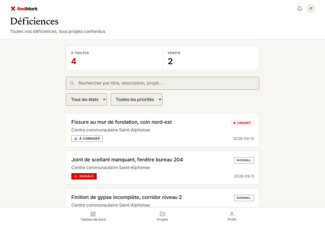 La liste des déficiences, avec leur priorité et leur état.