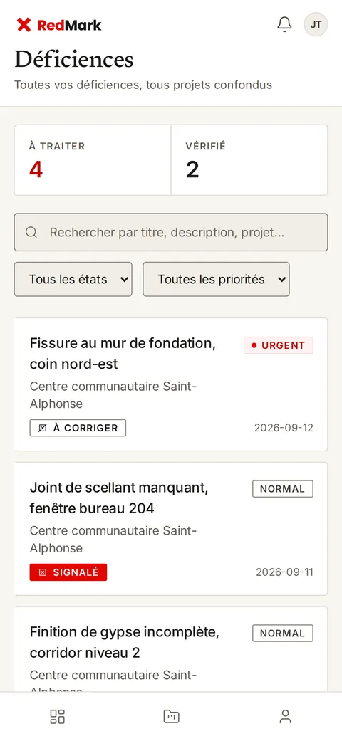 La liste des déficiences, avec leur priorité et leur état.