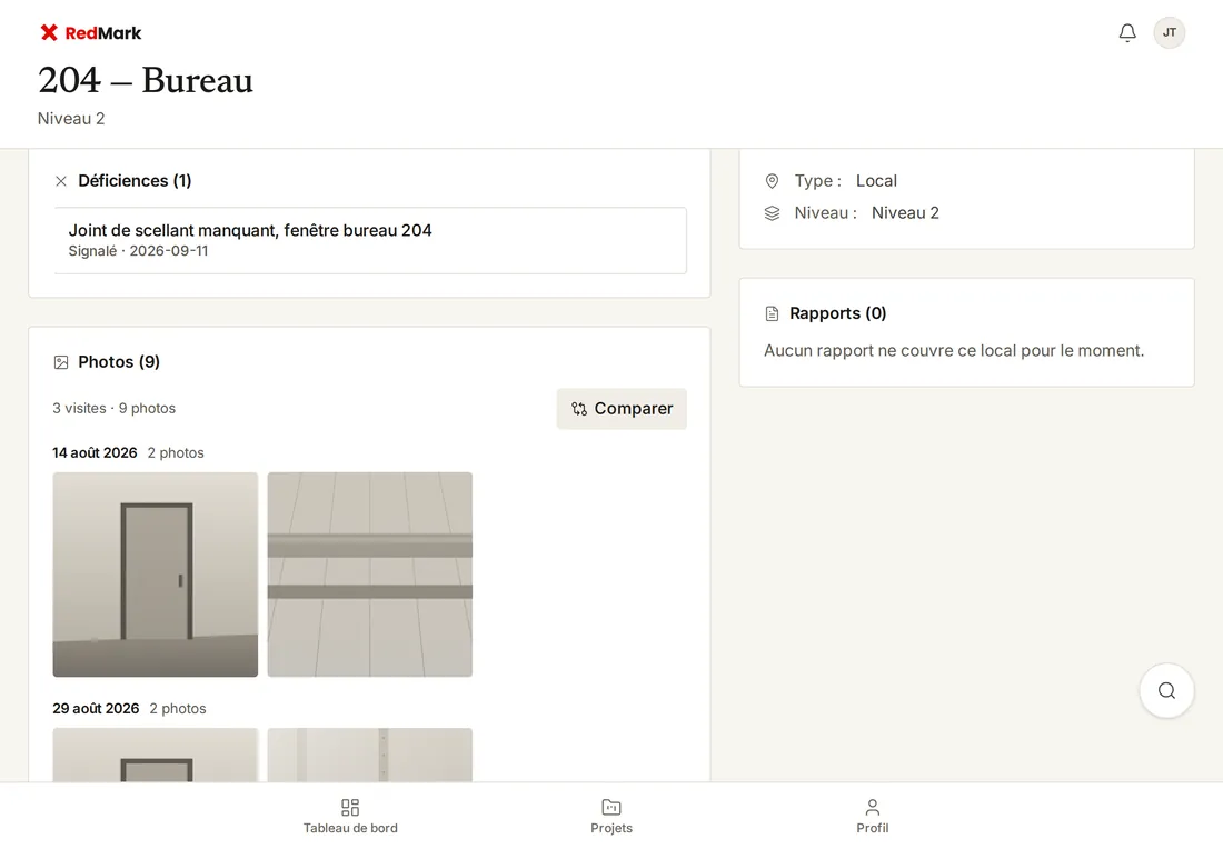RedMark sur iPad : le local 204 d'un centre communautaire, sa déficience à traiter et ses photos, visite après visite.