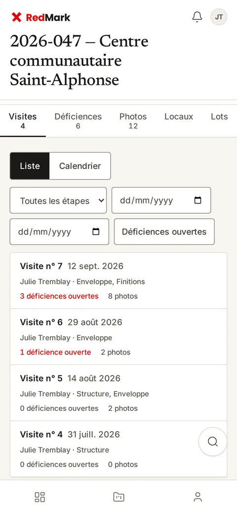 La liste numérotée des visites d'un projet.